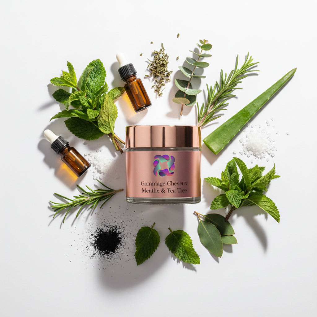 Gommage Cheveux Menthe & Tea Tree HAYALEM - Packaging rose gold avec ingrédients naturels