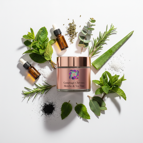 Gommage Cheveux Menthe & Tea Tree HAYALEM - Packaging rose gold avec ingrédients naturels