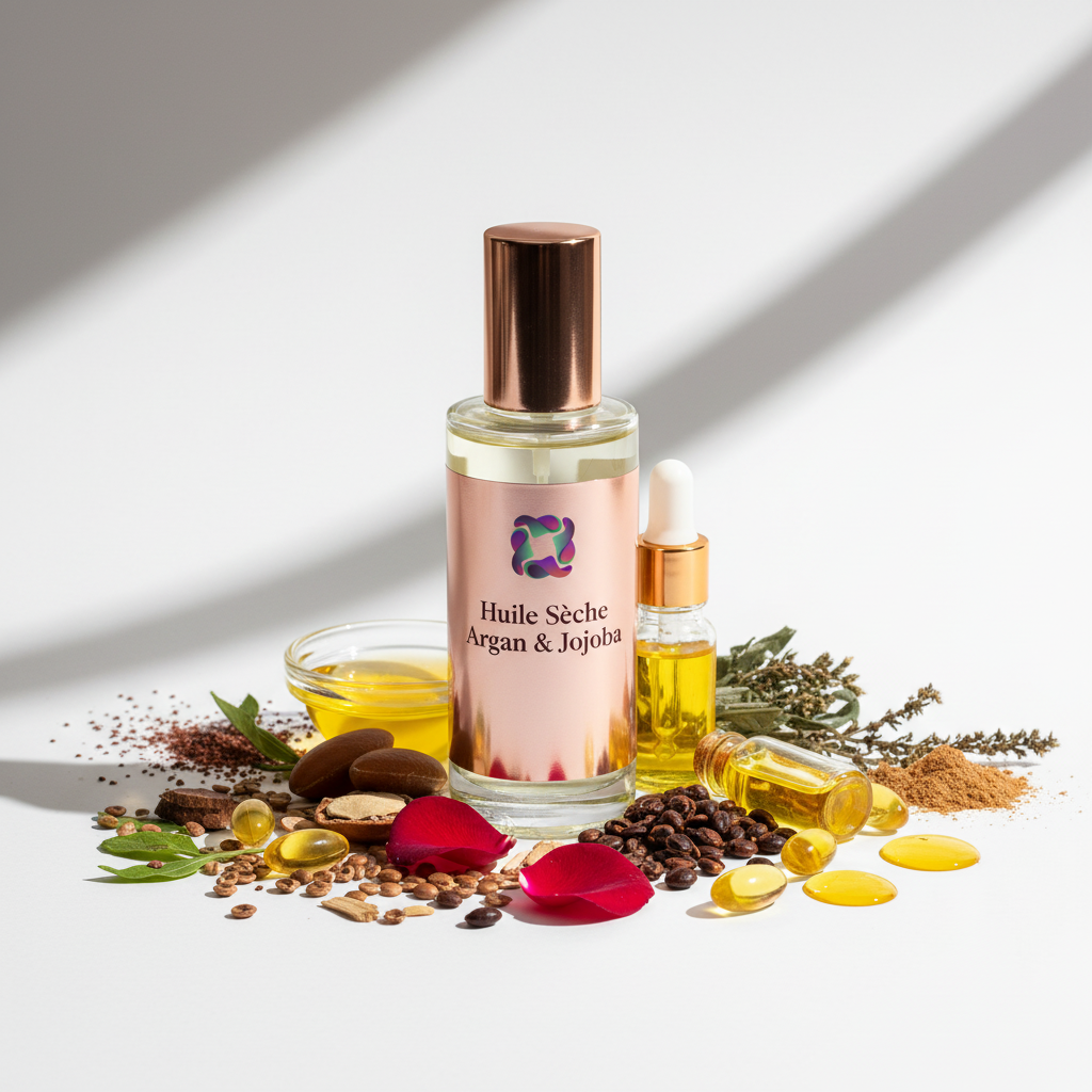 Huile Sèche Argan & Jojoba HAYALEM - Packaging rose gold avec ingrédients naturels