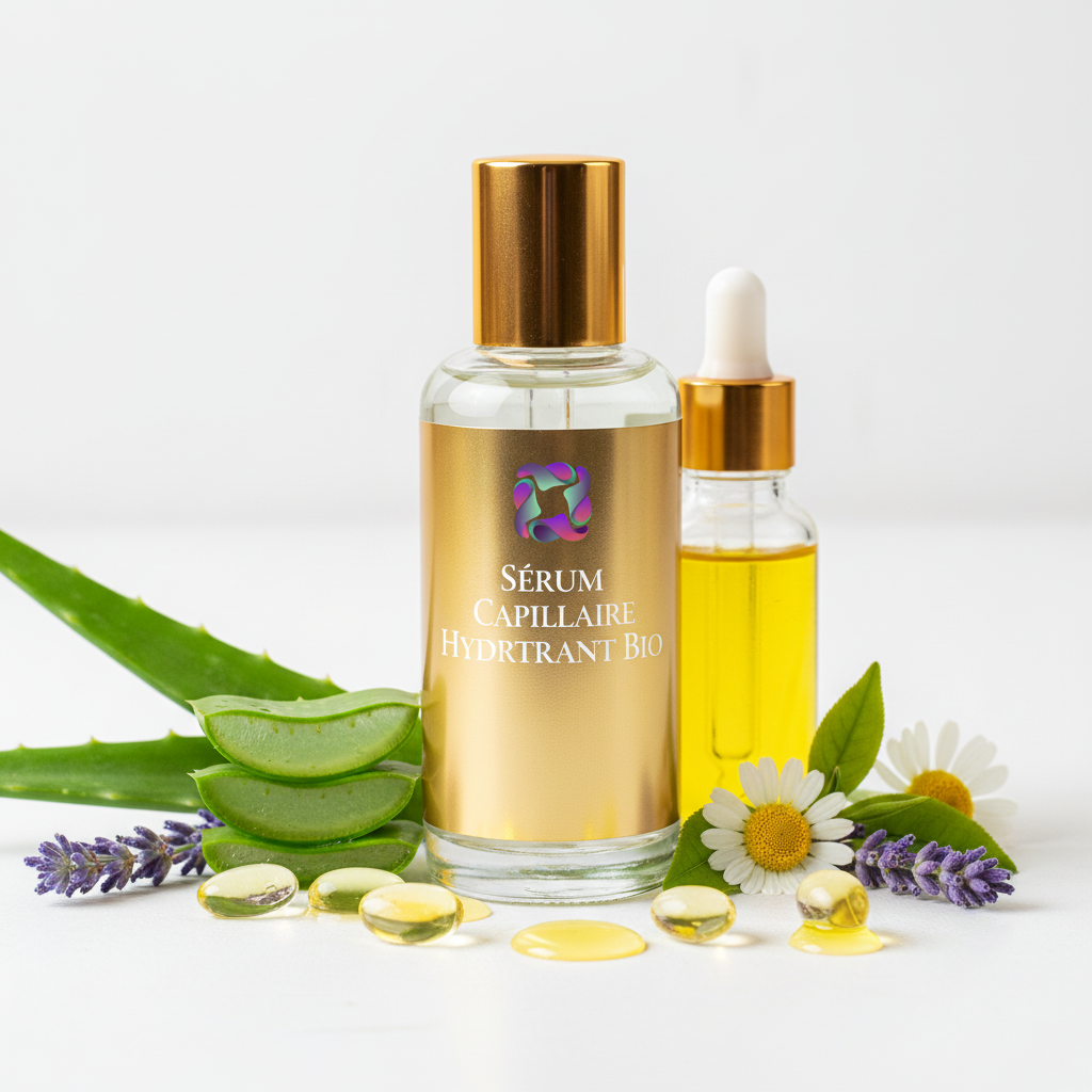 Sérum Capillaire Hydratant Bio avec logo HAYALEM et ingrédients naturels